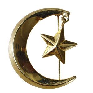 Vittorio Gold Tone Brooch Pin Vintage Crescent Moon Dangling Star Celestial